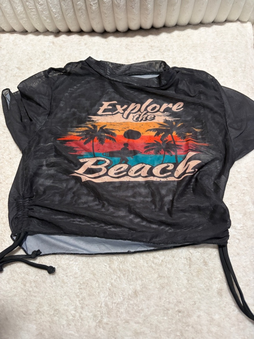 SHEER Explore the Beach Graphic Mesh Top - Black with Sunset Print
